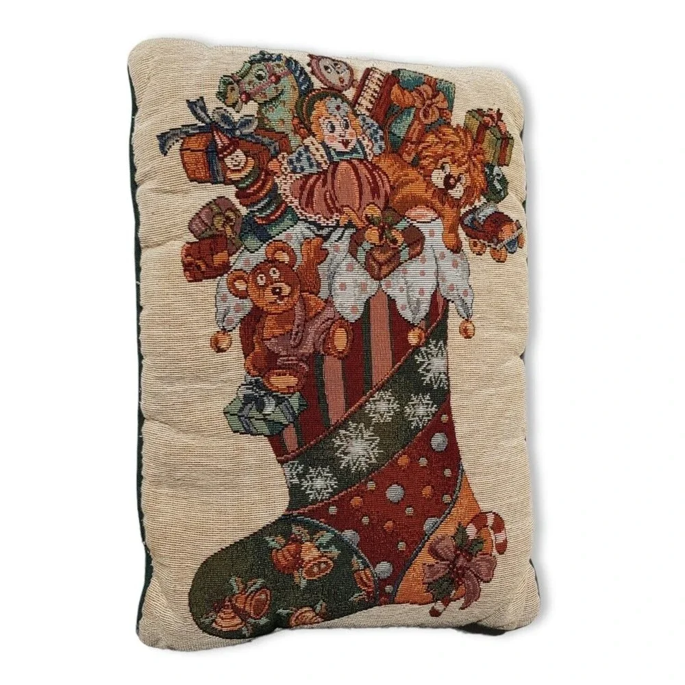 Vintage Christmas Tapestry Throw Pillow Cream Green Stocking Toys 16” X 12” Xmas